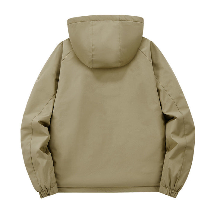 Men’s softshell tactical jacket with concealed hood and chest pocket