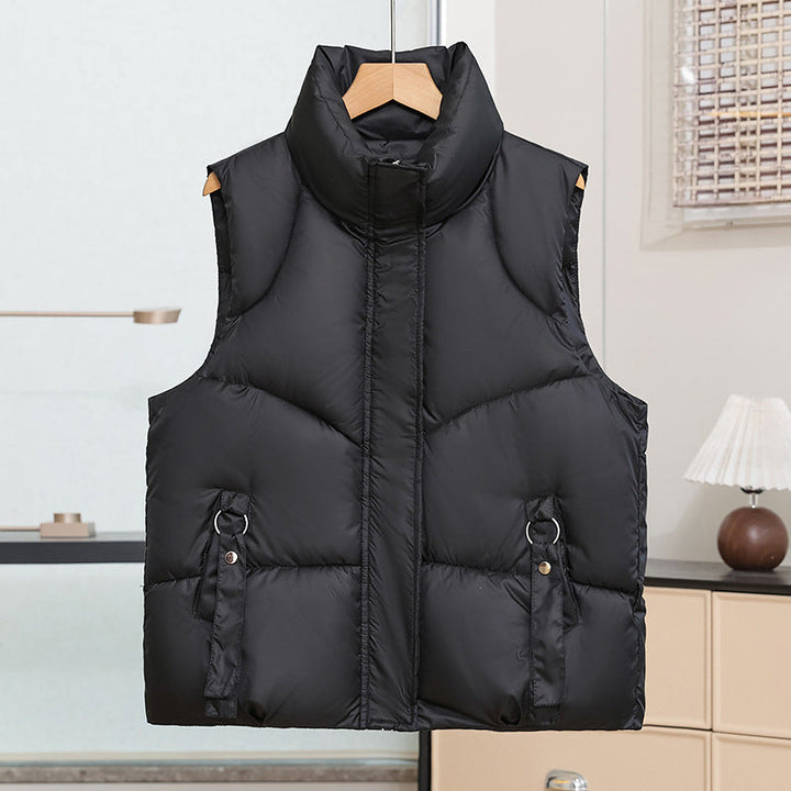 Women's padded quilted vest with a high stand-up collar and decorative ring loops