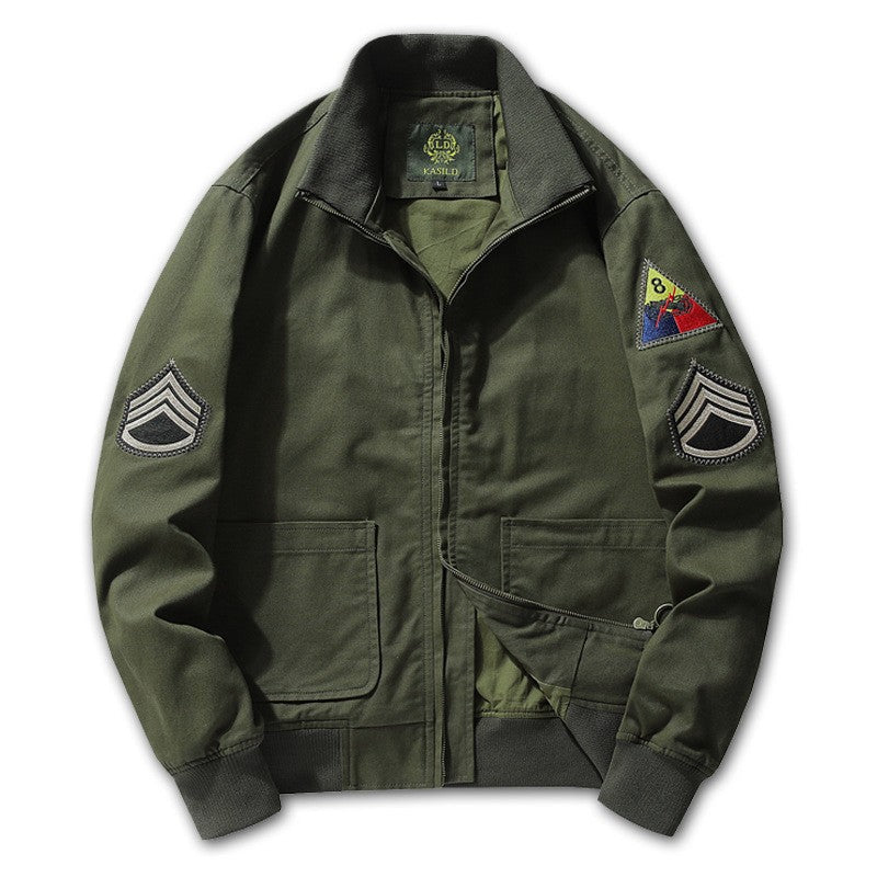 Men’s military-style bomber jacket with patches and a concealed zipper