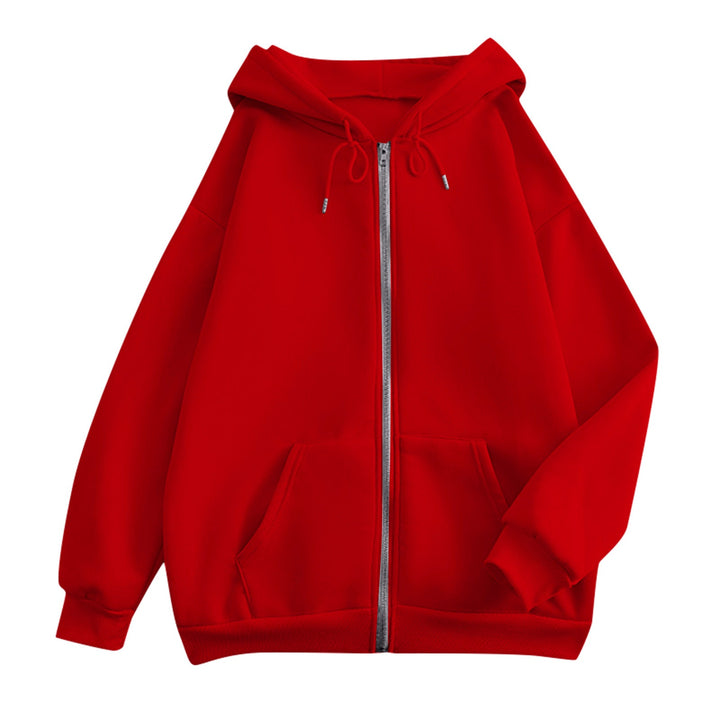 Women's oversized hooded jacket with zipper, kangaroo pockets, and ribbed cuffs