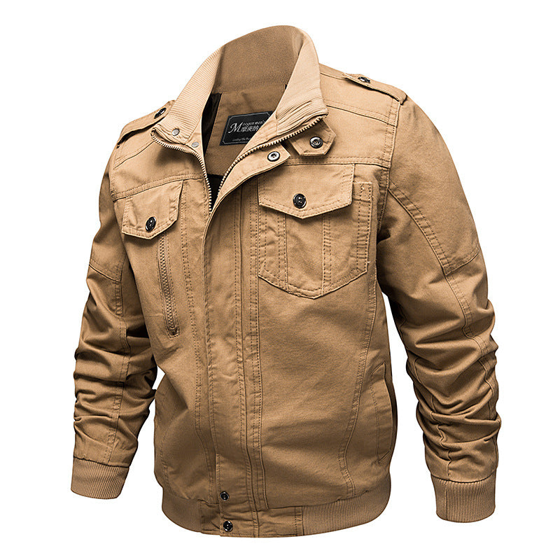 Men’s durable canvas field jacket with stand-up collar and multifunctional pockets