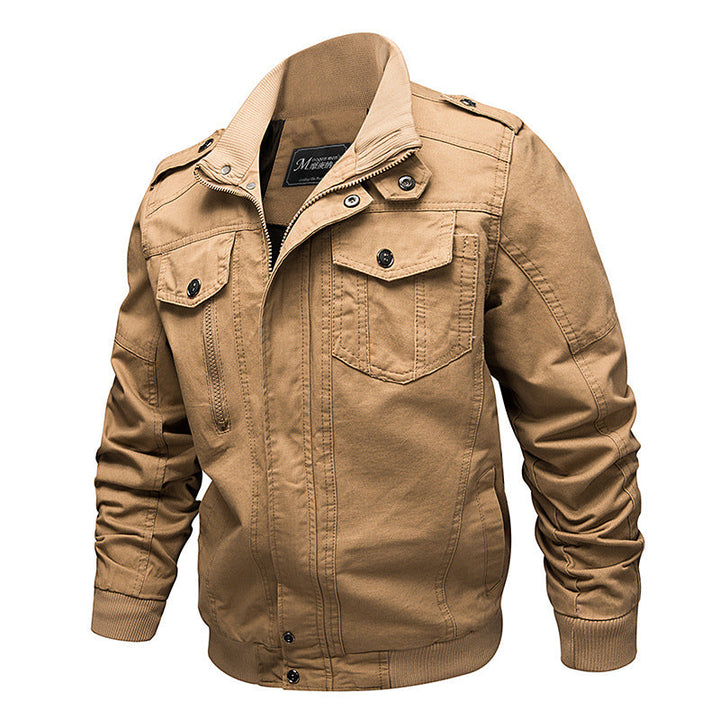 Men’s durable canvas field jacket with stand-up collar and multifunctional pockets