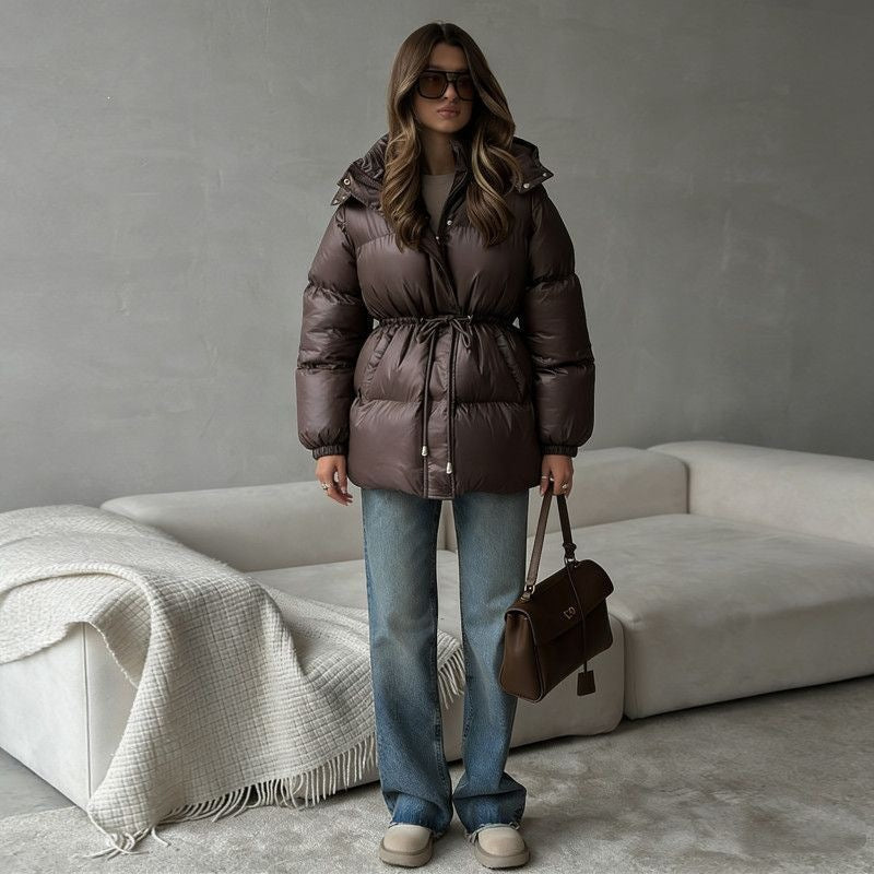 Women's hooded jacket with an adjustable waist drawstring and glossy finish