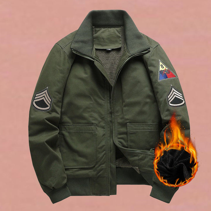 Men’s military-style bomber jacket with patches and a concealed zipper