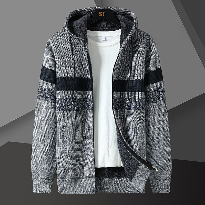 Men's Striped Hooded Jacket with Drawstring and Pockets