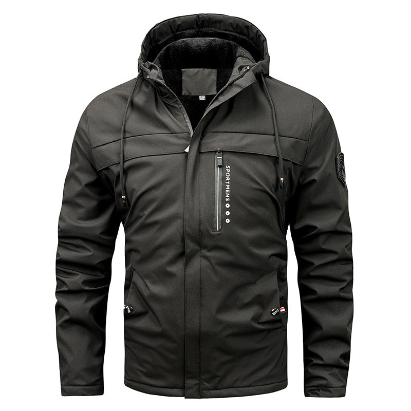 Men’s lined softshell jacket with hood and chest pocket