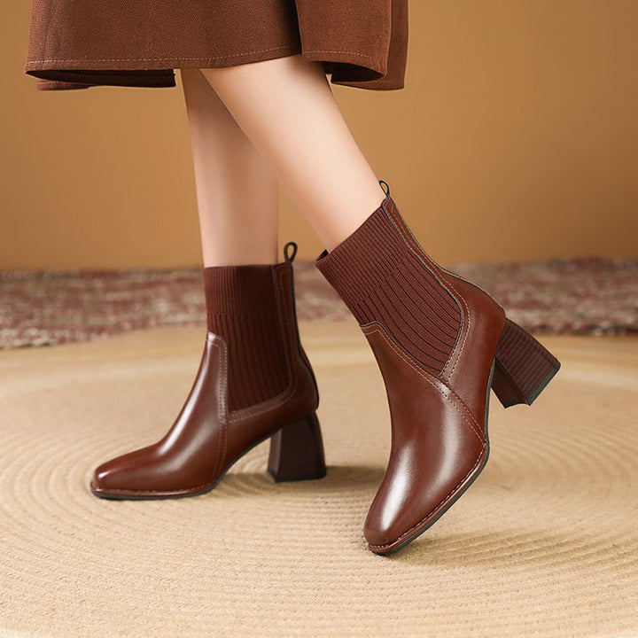 Women's chunky ankle boots with a knitted insert and sturdy heel