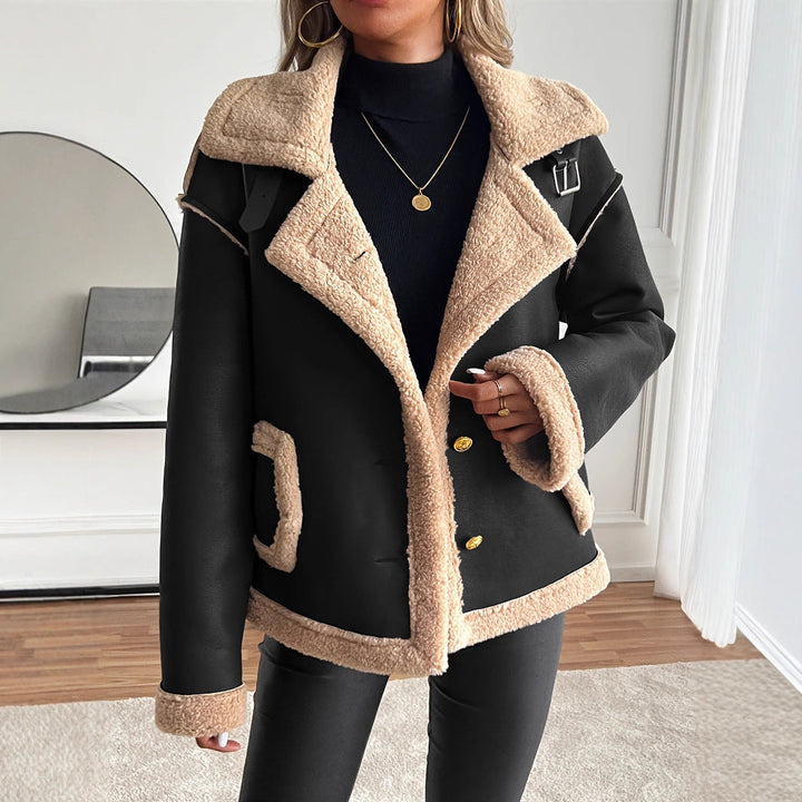 Women's teddy fleece jacket with button placket and side pockets