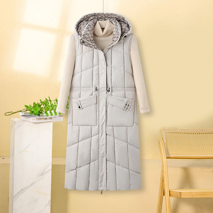 Women’s long sleeveless quilted thermal coat with hood and multifunctional pockets