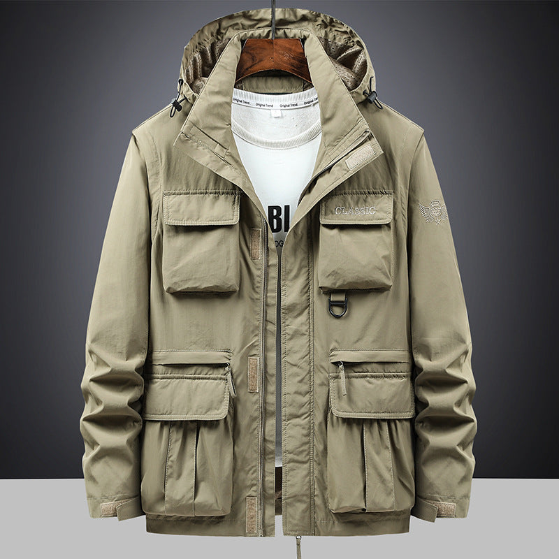 Men's multifunctional field jacket with hood and pockets