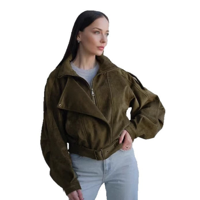 Women's cropped jacket with an asymmetrical zipper and a fitted cut