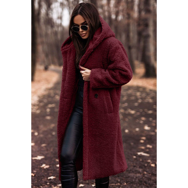 Women’s fluffy teddy coat with hood and buttons