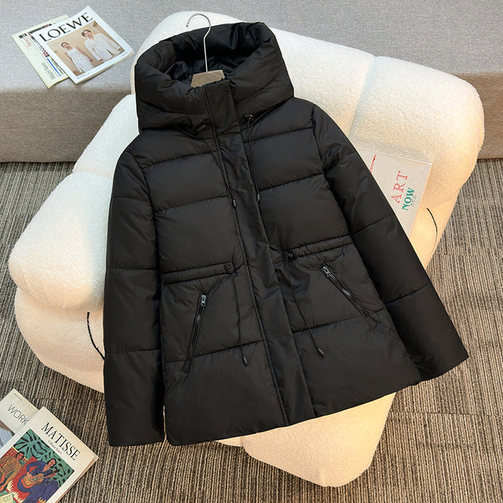 Women’s short padded hooded jacket with a high stand-up collar and drawstring