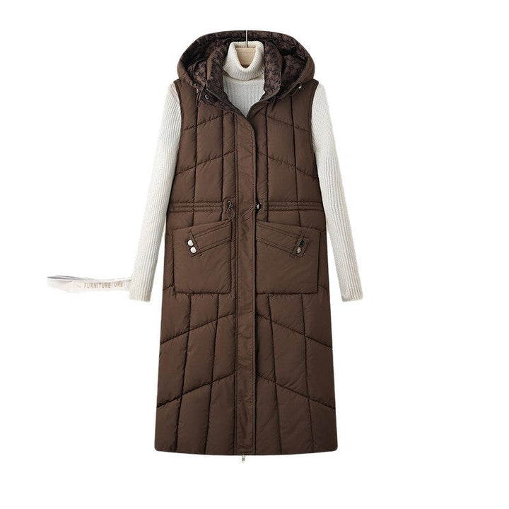 Women’s long sleeveless quilted thermal coat with hood and multifunctional pockets