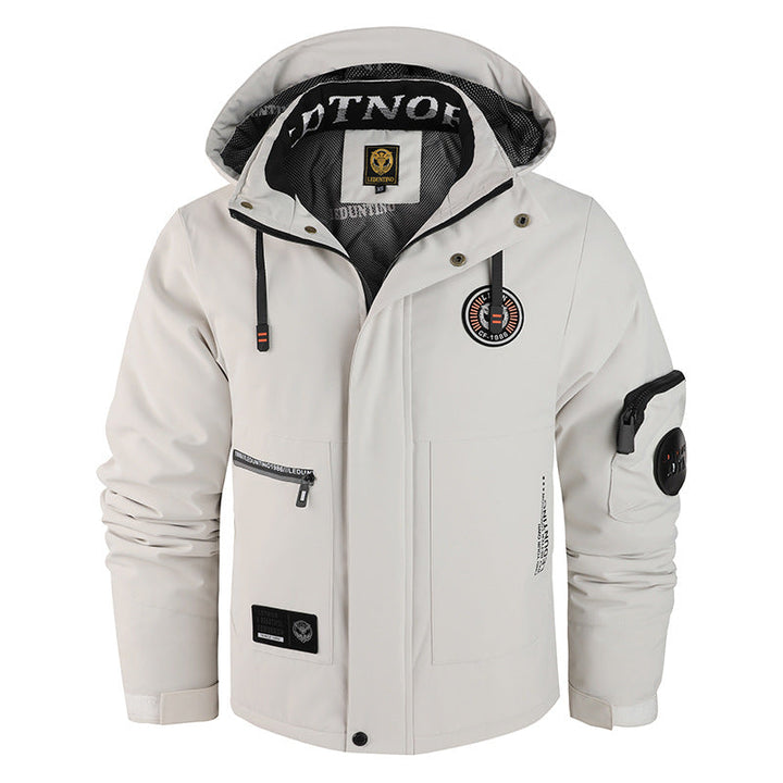 Men’s padded wind- and weatherproof jacket with hood and utility pockets