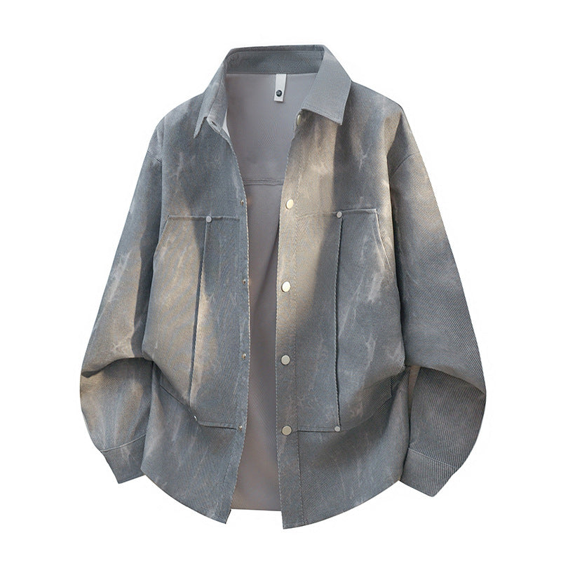 Men’s oversized shirt jacket with an acid-wash finish and snap-button closure