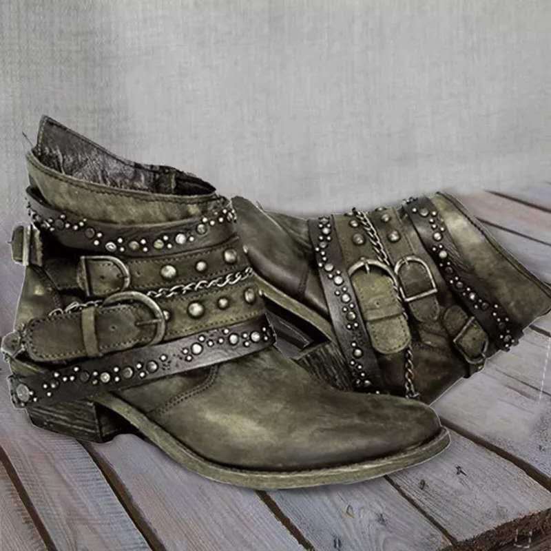 Women's western ankle boots with buckle straps and chains