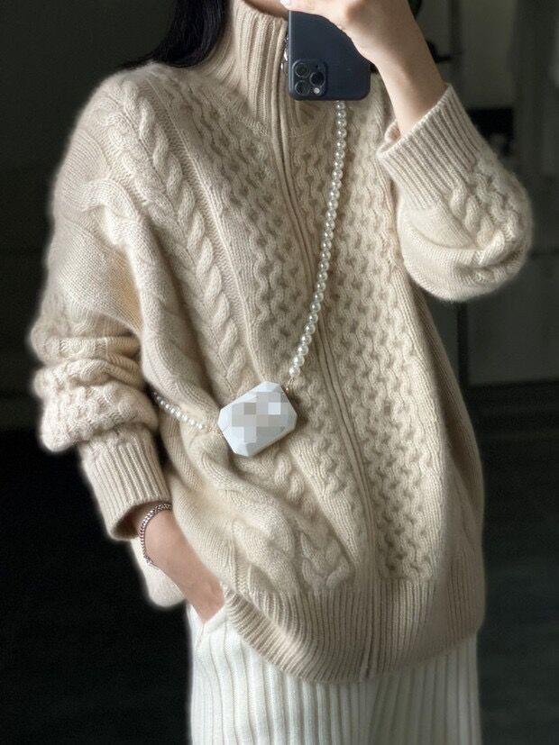 Women's oversized long pullover with stand-up collar