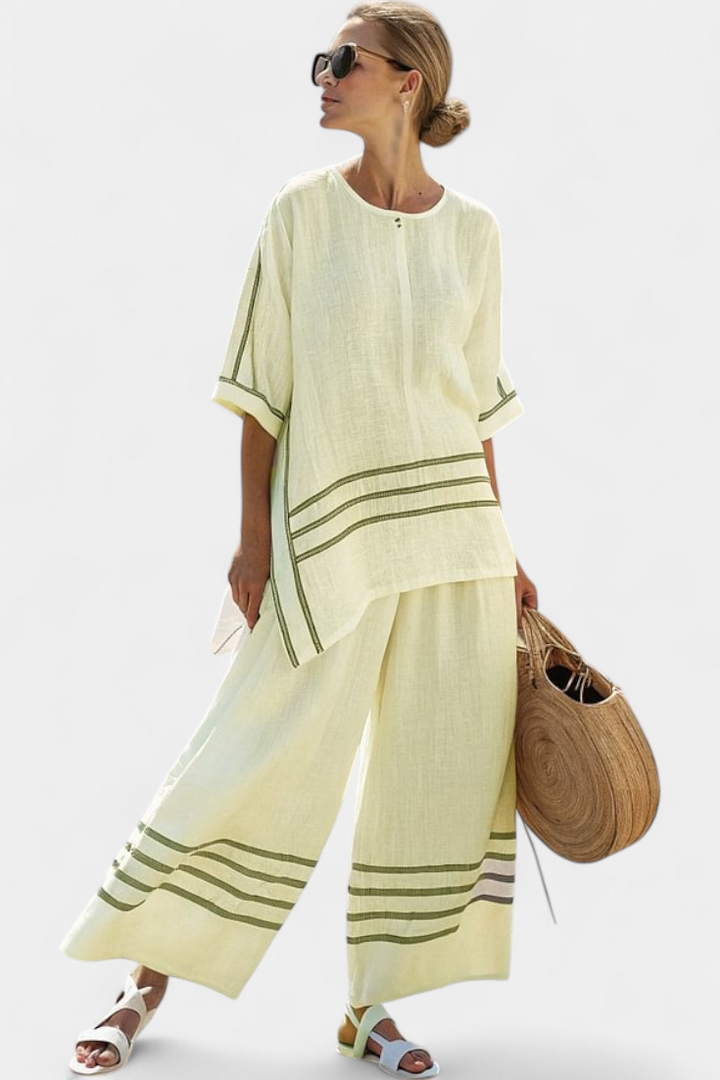 Vittorina – asymmetrical top with sophisticated stripes and daring trousers