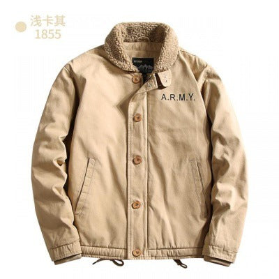 Men’s canvas jacket with a teddy collar, insulated lining, and drawstring waist