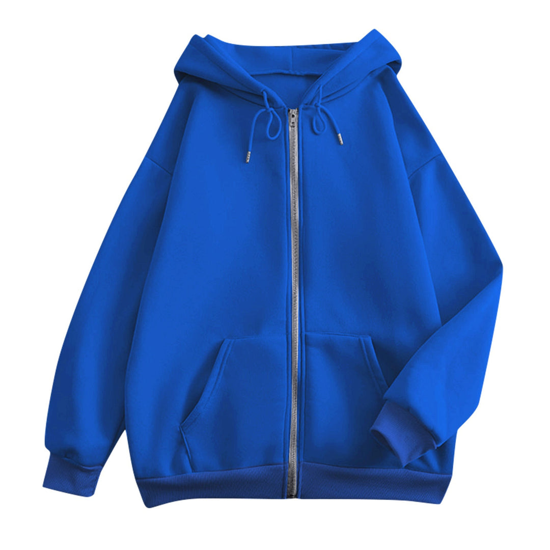 Women's oversized hooded jacket with zipper, kangaroo pockets, and ribbed cuffs