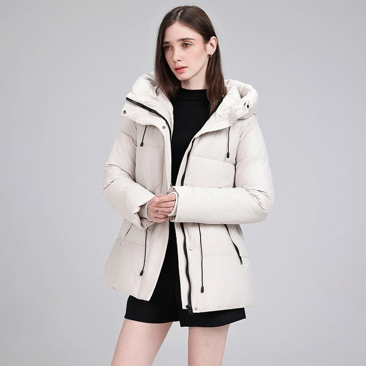 Women's padded hooded parka with an adjustable drawstring waist and ribbed cuffs