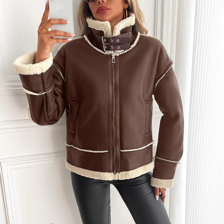 Women's faux leather jacket with teddy lining and zipper
