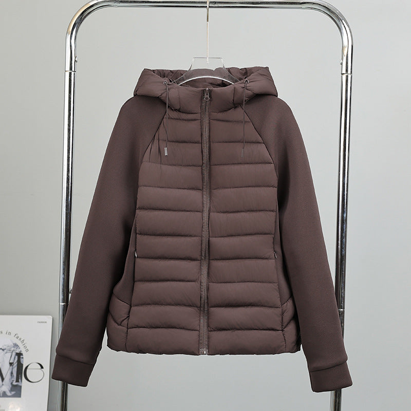Women’s Lightweight Hybrid Quilted Jacket with Hood and Stretch Sleeve Panels