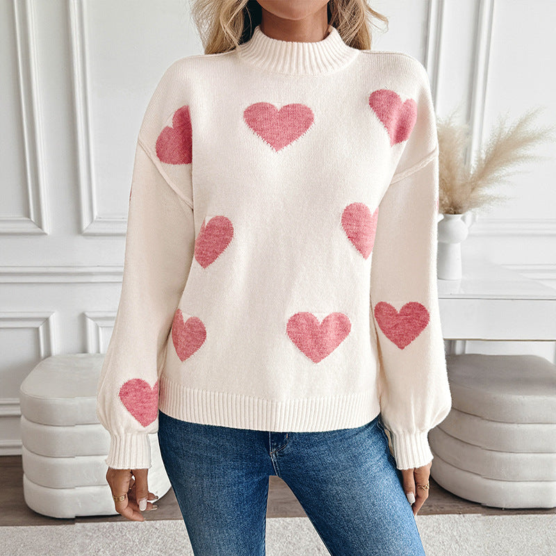 Women's sweater with heart intarsia and stand-up collar