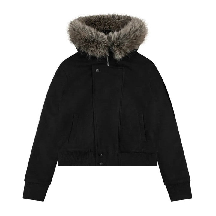 Women’s short bomber jacket with a voluminous hood and thumbhole cuffs