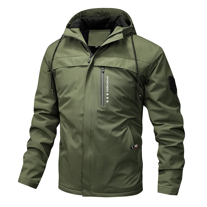 Men’s windproof softshell jacket with adjustable hood and fleece lining