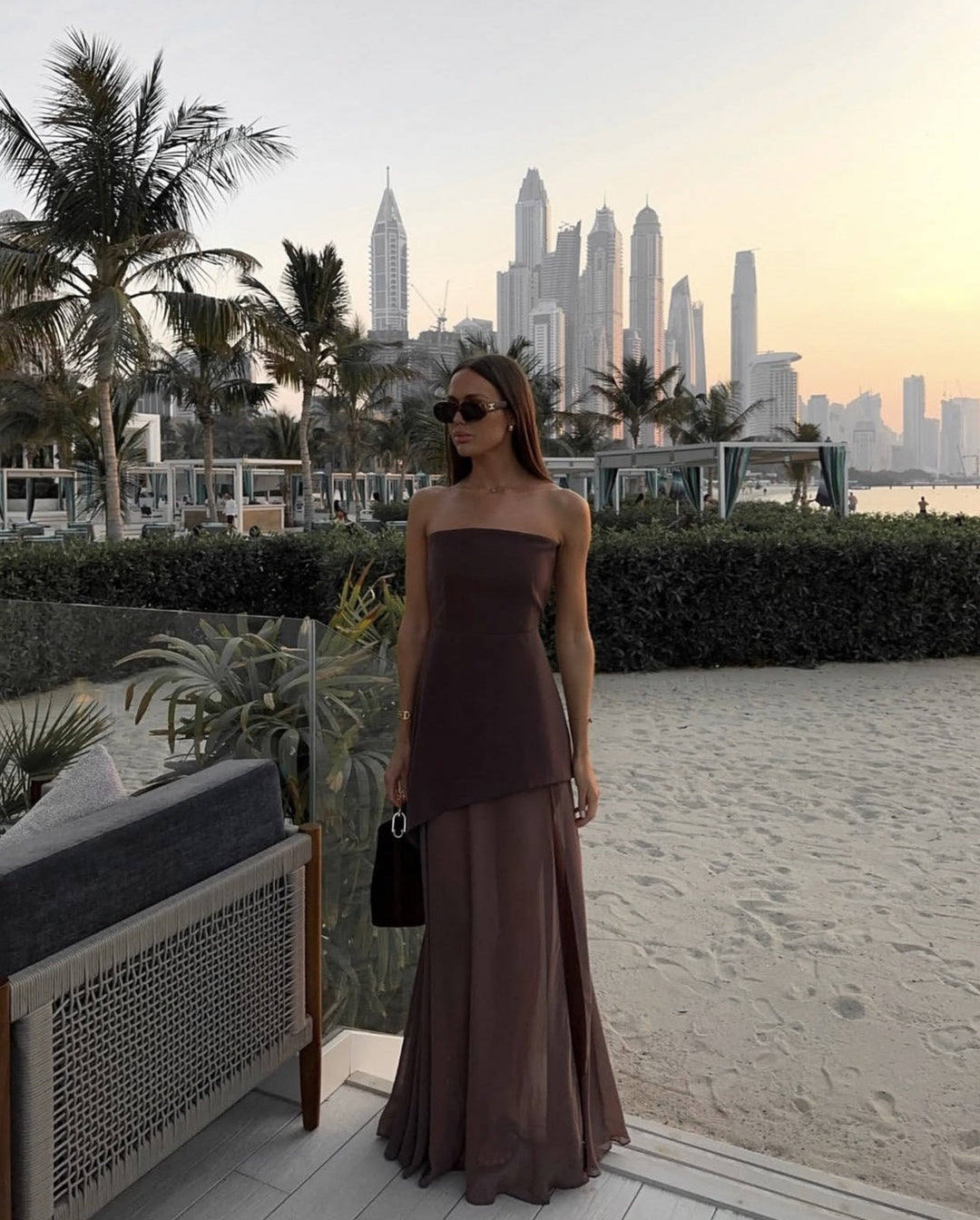 Ariadne - Strapless Patchwork Mesh Asymmetric Maxi Dress
