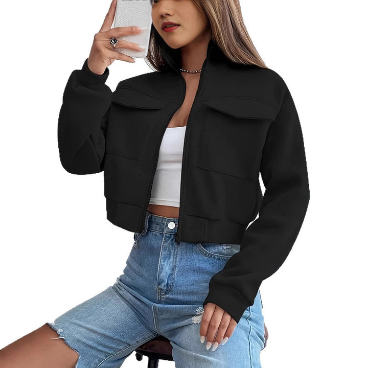 Women's cropped casual jacket with pockets and zipper
