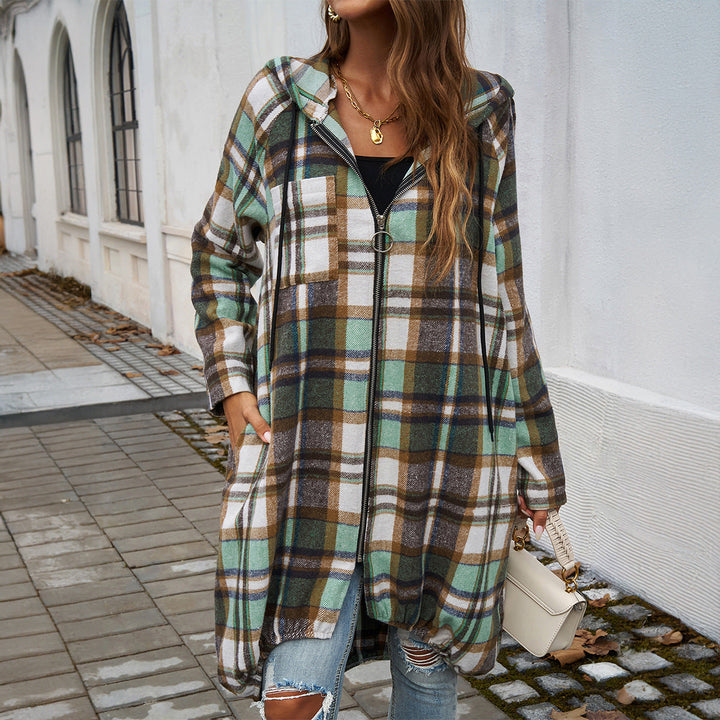 Women's Long Hooded Coat with Plaid Pattern and Balloon Hem
