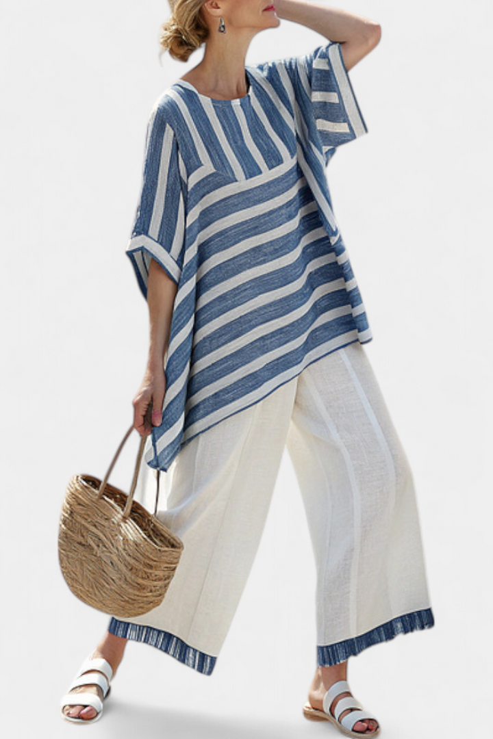 Ornella - elegant striped top in blue and trousers with hem details