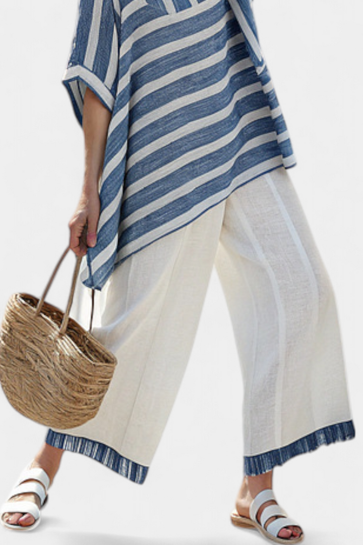 Ornella - elegant striped top in blue and trousers with hem details
