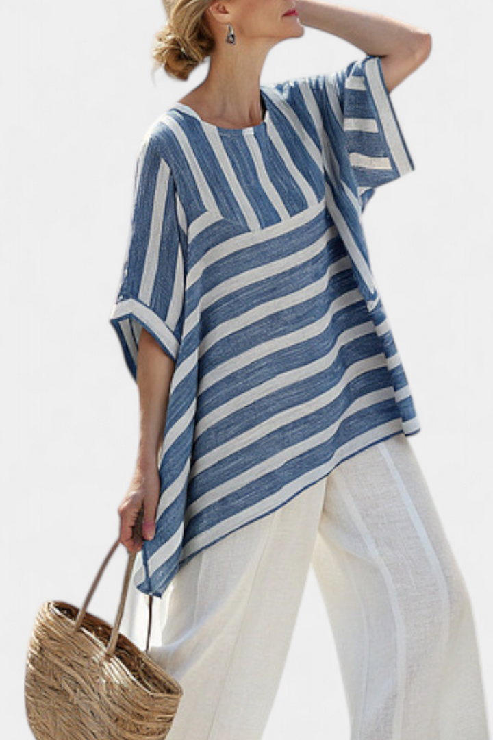 Ornella - elegant striped top in blue and trousers with hem details