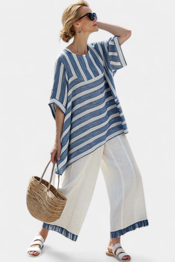 Ornella - elegant striped top in blue and trousers with hem details