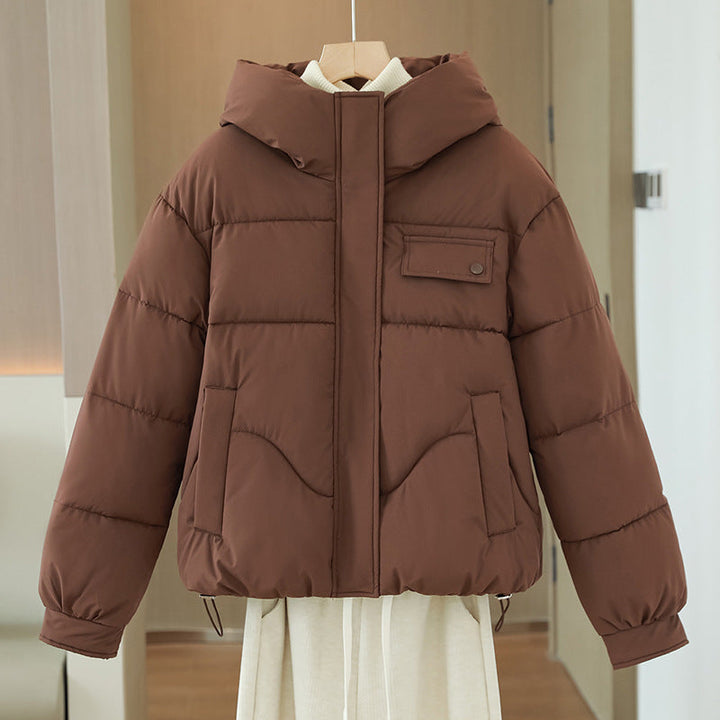Women's short quilted hooded jacket with a concealed zipper