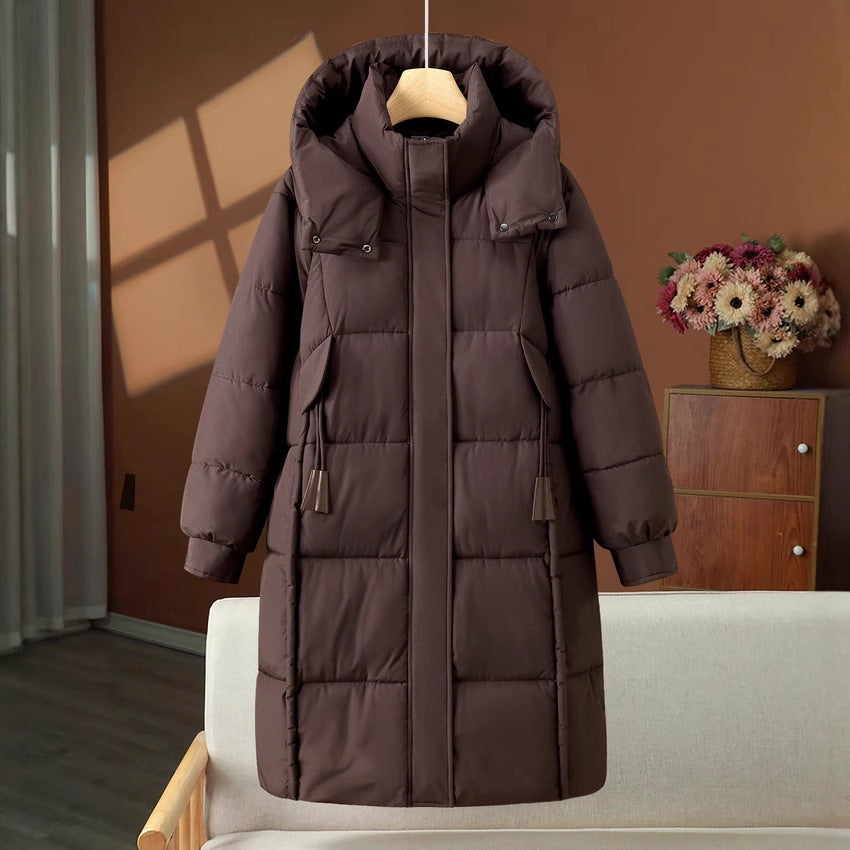 Women’s long padded hooded coat with a high stand-up collar and concealed zipper