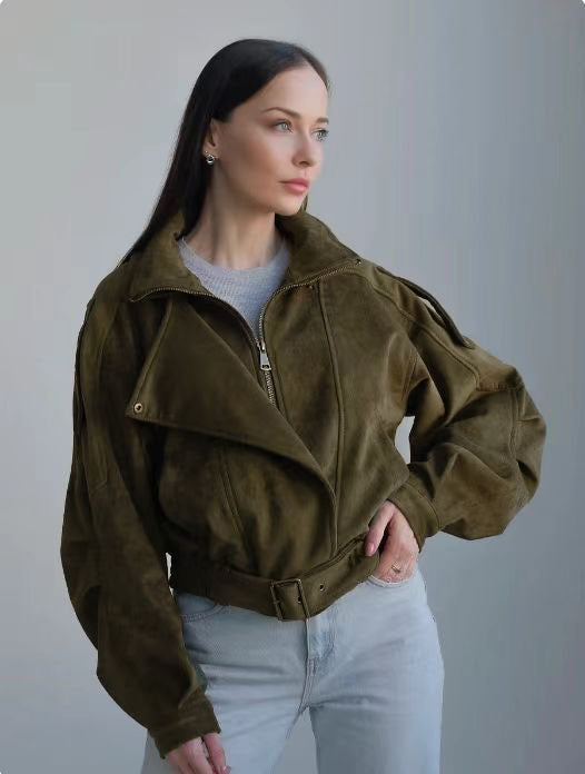 Women's cropped jacket with an asymmetrical zipper and a fitted cut