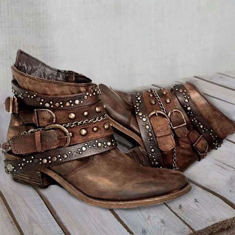 Women's western ankle boots with buckle straps and chains