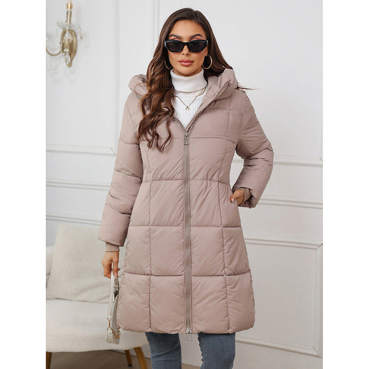 Women’s fitted A-line thermal parka with hood and two-way zipper