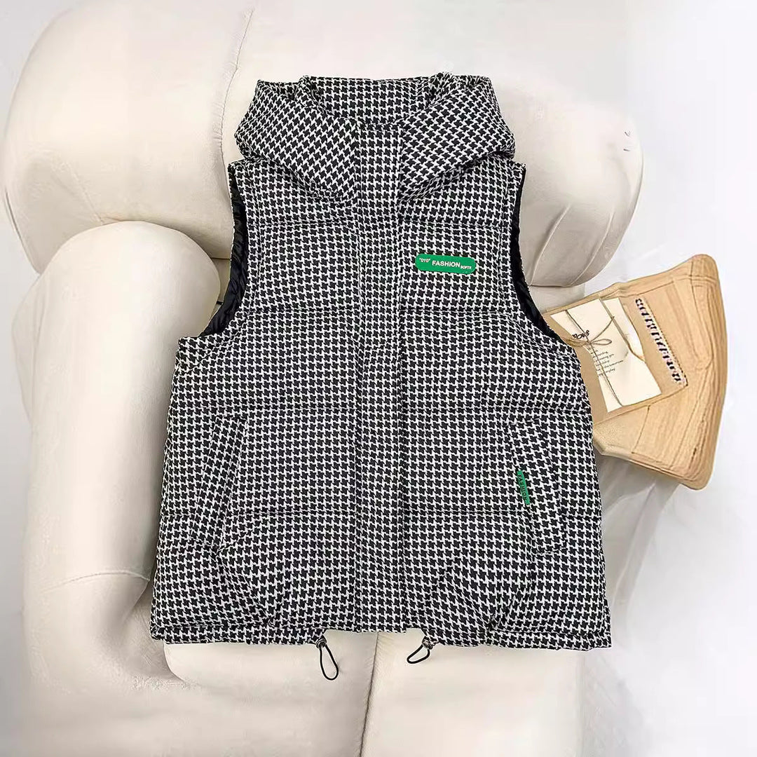 Women's quilted hooded vest with all-over logo print, padded insulation, and adjustable hem