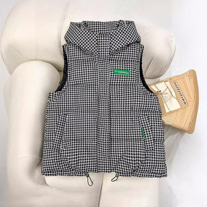 Women's quilted hooded vest with all-over logo print, padded insulation, and adjustable hem