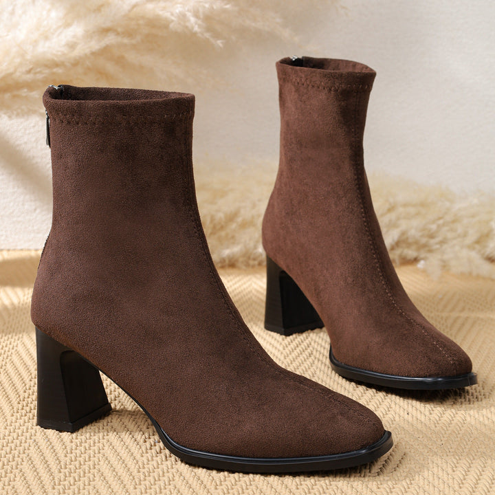 Women’s suede ankle boots with block heels and a zipper