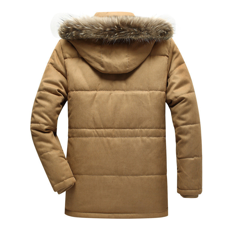 Men's winter parka with hood, buttons, and pockets