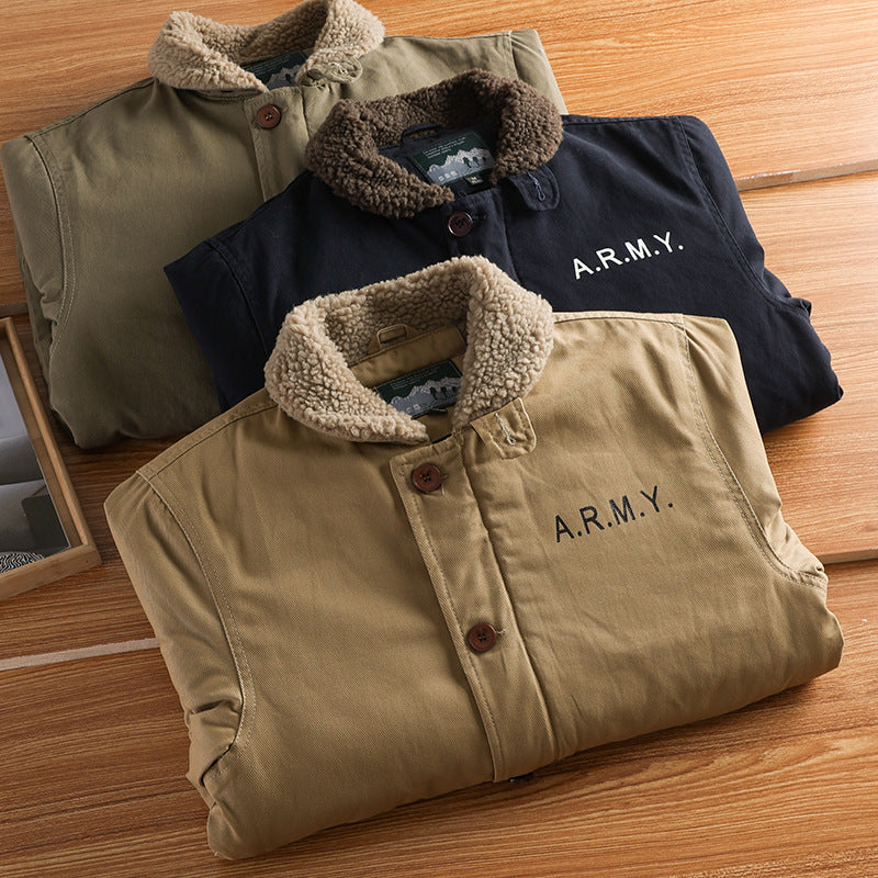Men’s canvas jacket with a teddy collar, insulated lining, and drawstring waist