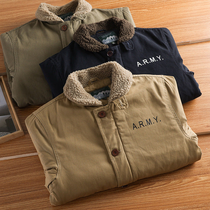 Men’s canvas jacket with a teddy collar, insulated lining, and drawstring waist