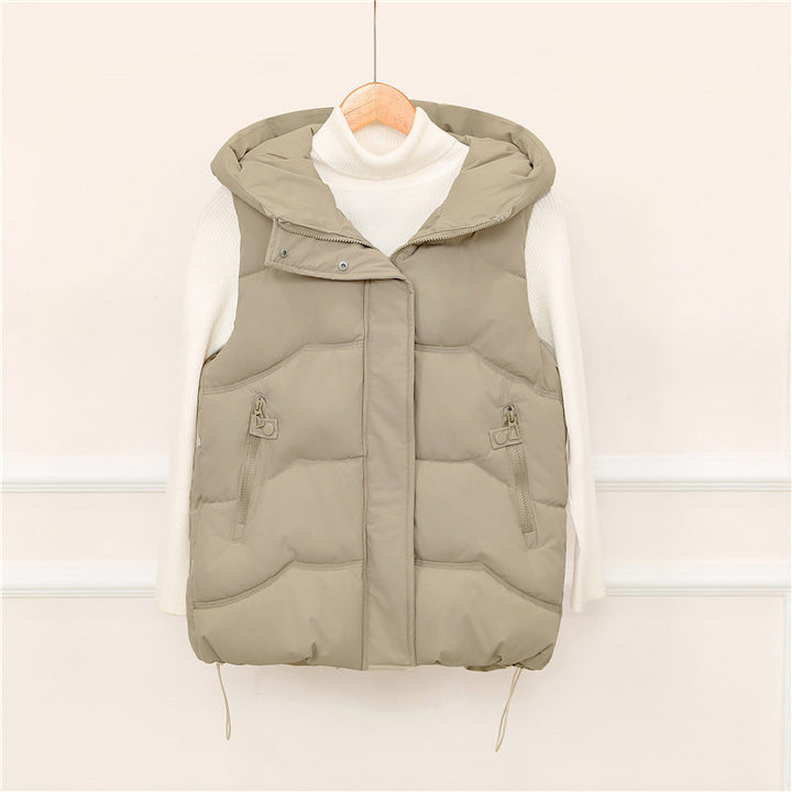 Women's padded hooded vest with drawstring and zippered pockets